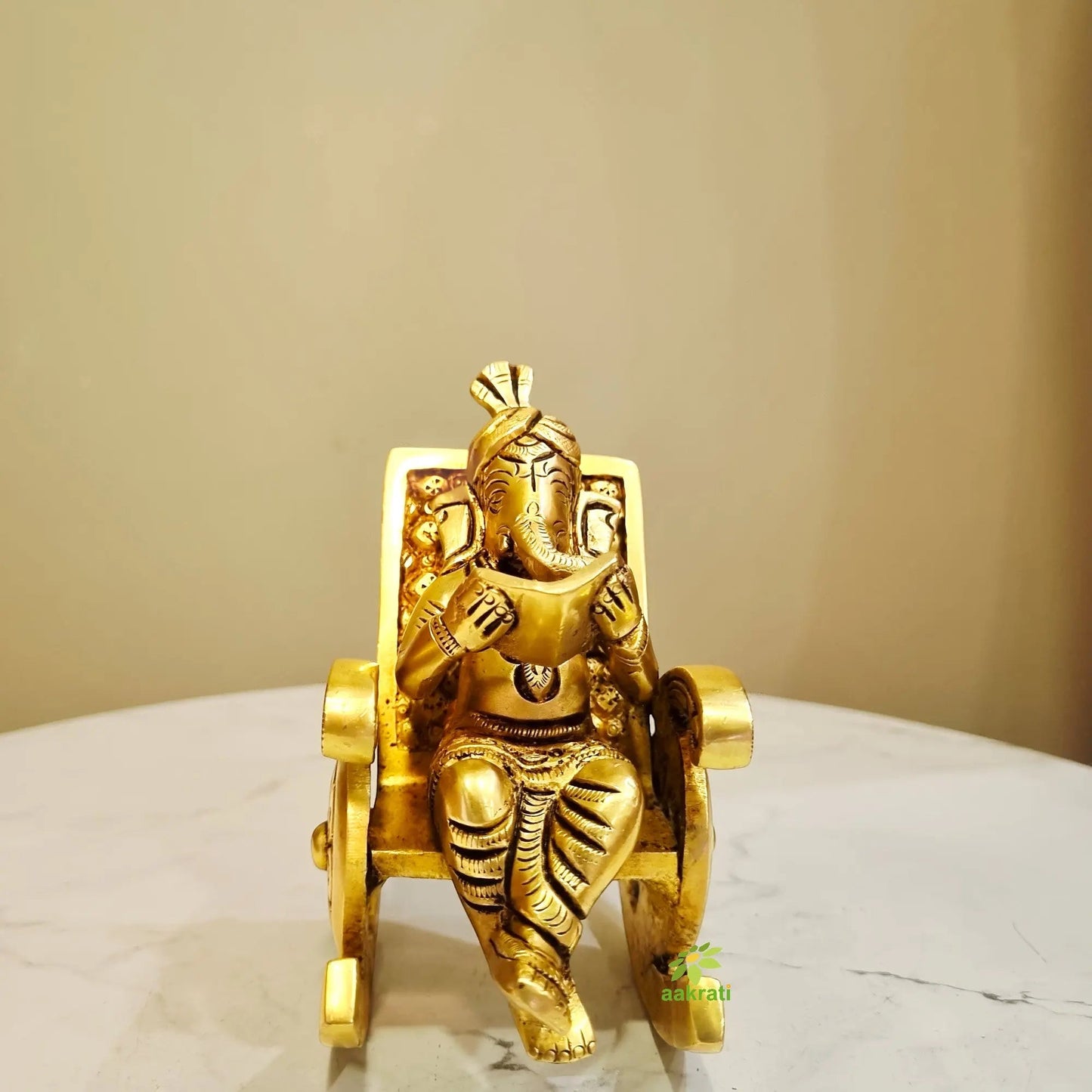 Brass Ganesh Statue | Sitting on chair for blessing & Prosperity | Brass Ganesha Murti|( Yellow, 4.5 inch)