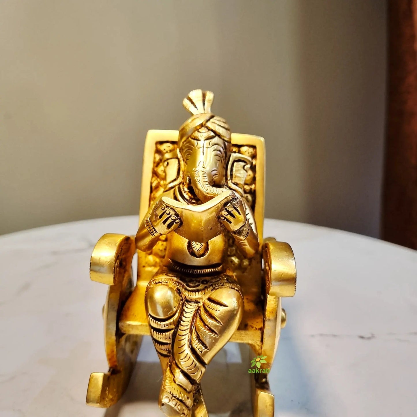 Brass Ganesh Statue | Sitting on chair for blessing & Prosperity | Brass Ganesha Murti|( Yellow, 4.5 inch)