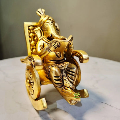 Brass Ganesh Statue | Sitting on chair for blessing & Prosperity | Brass Ganesha Murti|( Yellow, 4.5 inch)