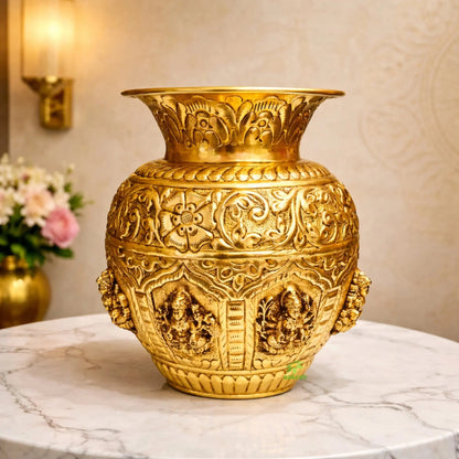 Premium Brass Ashtalakshmi Puja Kalash | Ideal Gift for Diwali, Wedding & Housewarming | Ashtalakshmi Engraved Brass Kalash for Pooja (Yellow, 6 Inches)