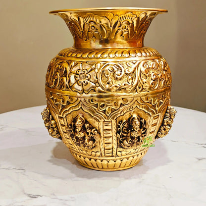 Premium Brass Ashtalakshmi Puja Kalash | Ideal Gift for Diwali, Wedding & Housewarming | Ashtalakshmi Engraved Brass Kalash for Pooja (Yellow, 6 Inches)