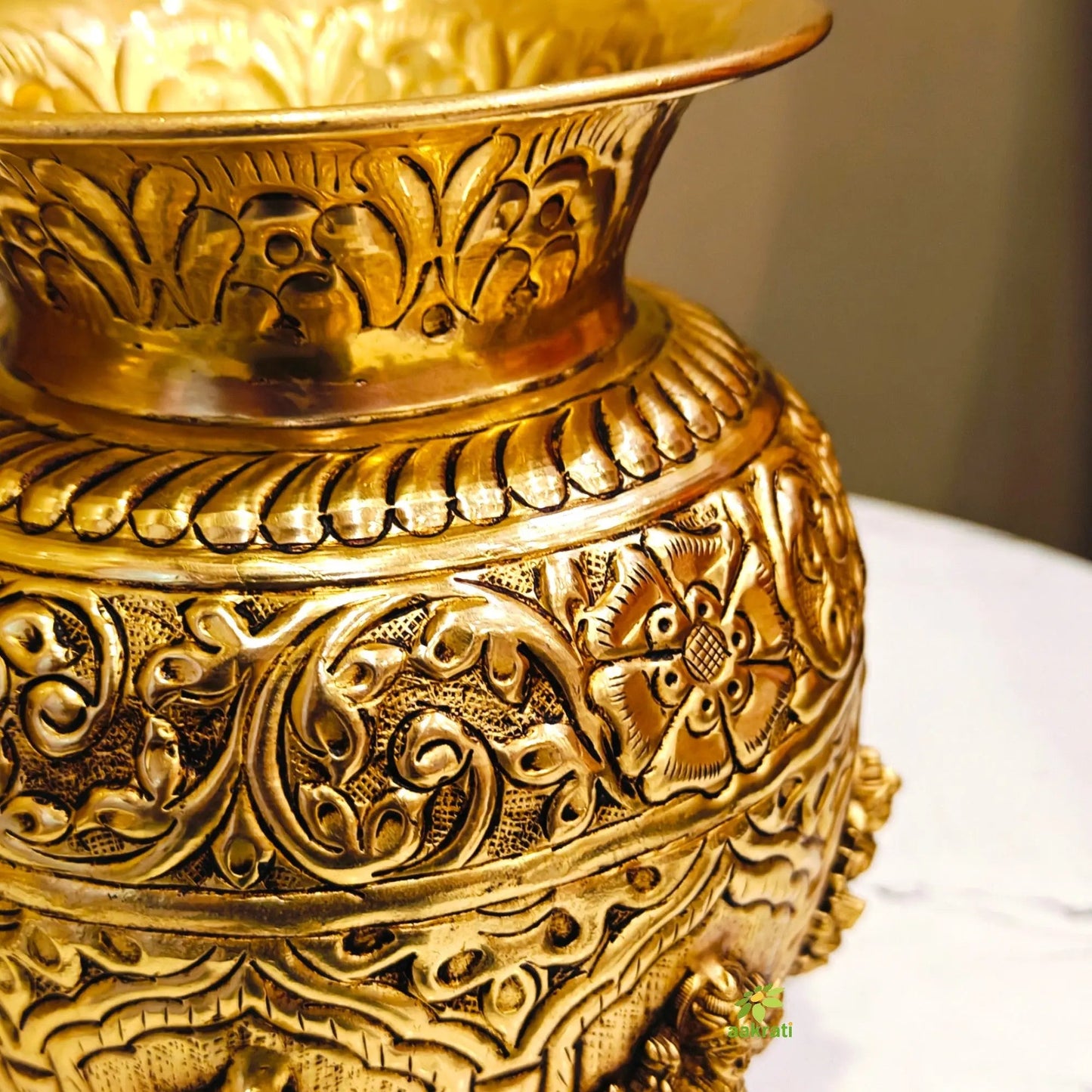 Premium Brass Ashtalakshmi Puja Kalash | Ideal Gift for Diwali, Wedding & Housewarming | Ashtalakshmi Engraved Brass Kalash for Pooja (Yellow, 6 Inches)