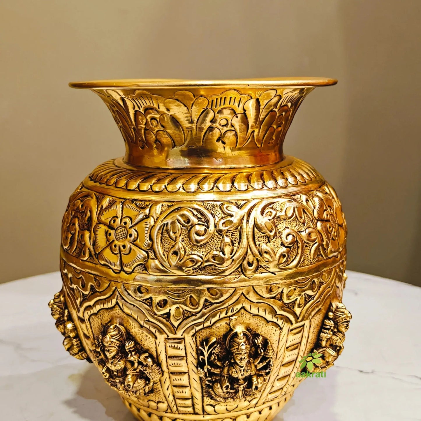 Premium Brass Ashtalakshmi Puja Kalash | Ideal Gift for Diwali, Wedding & Housewarming | Ashtalakshmi Engraved Brass Kalash for Pooja (Yellow, 6 Inches)