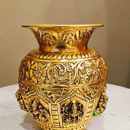 Premium Brass Ashtalakshmi Puja Kalash | Ideal Gift for Diwali, Wedding & Housewarming | Ashtalakshmi Engraved Brass Kalash for Pooja (Yellow, 6 Inches)