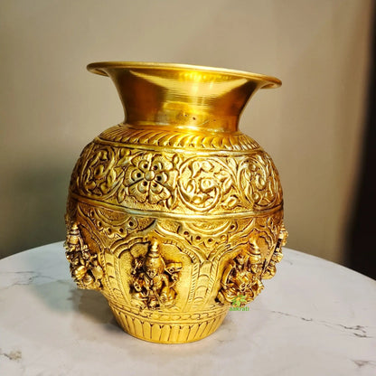 Brass Ashtalakshmi Kalash | 8 Lakshmi Devi Engraved Puja Kalash | Puja Kalash (Yellow, 7 Inch)