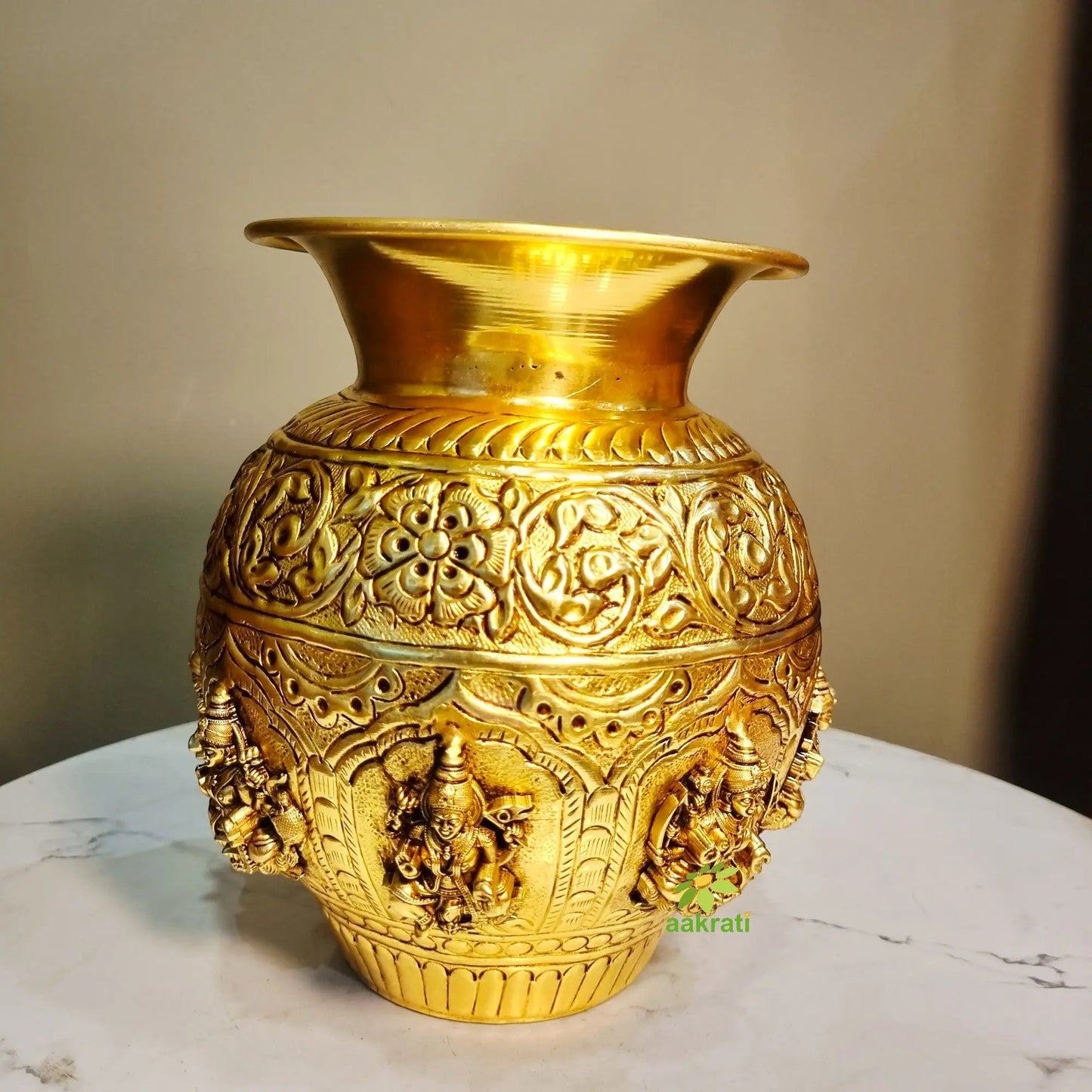 Brass Ashtalakshmi Kalash | 8 Lakshmi Devi Engraved Puja Kalash | Puja Kalash (Yellow, 7 Inch)