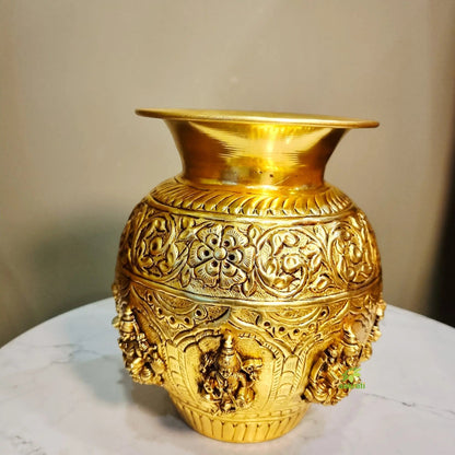 Brass Ashtalakshmi Kalash | 8 Lakshmi Devi Engraved Puja Kalash | Puja Kalash (Yellow, 7 Inch)