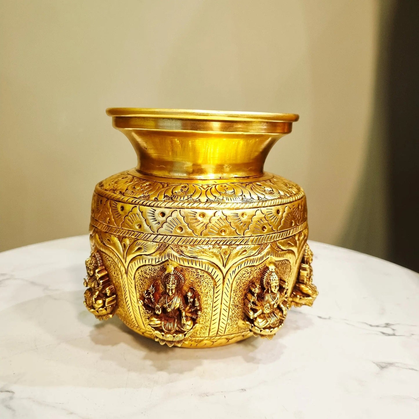 Ashtalakshmi Brass Kalash for Pooja | Designer Brass Kalash | Brass Ashtalakshmi Kalash (Yellow, 5.2 Inches)