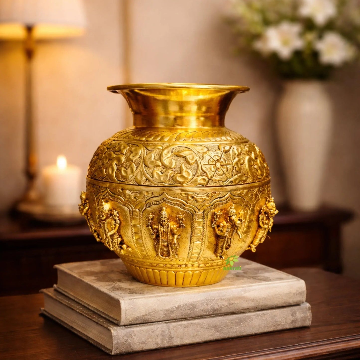 Dashavatar Brass Kalash for Pooja | Brass Dashavatar Puja Kalash | Traditional Hindu Puja Vessel (Yellow, 7 Inches)