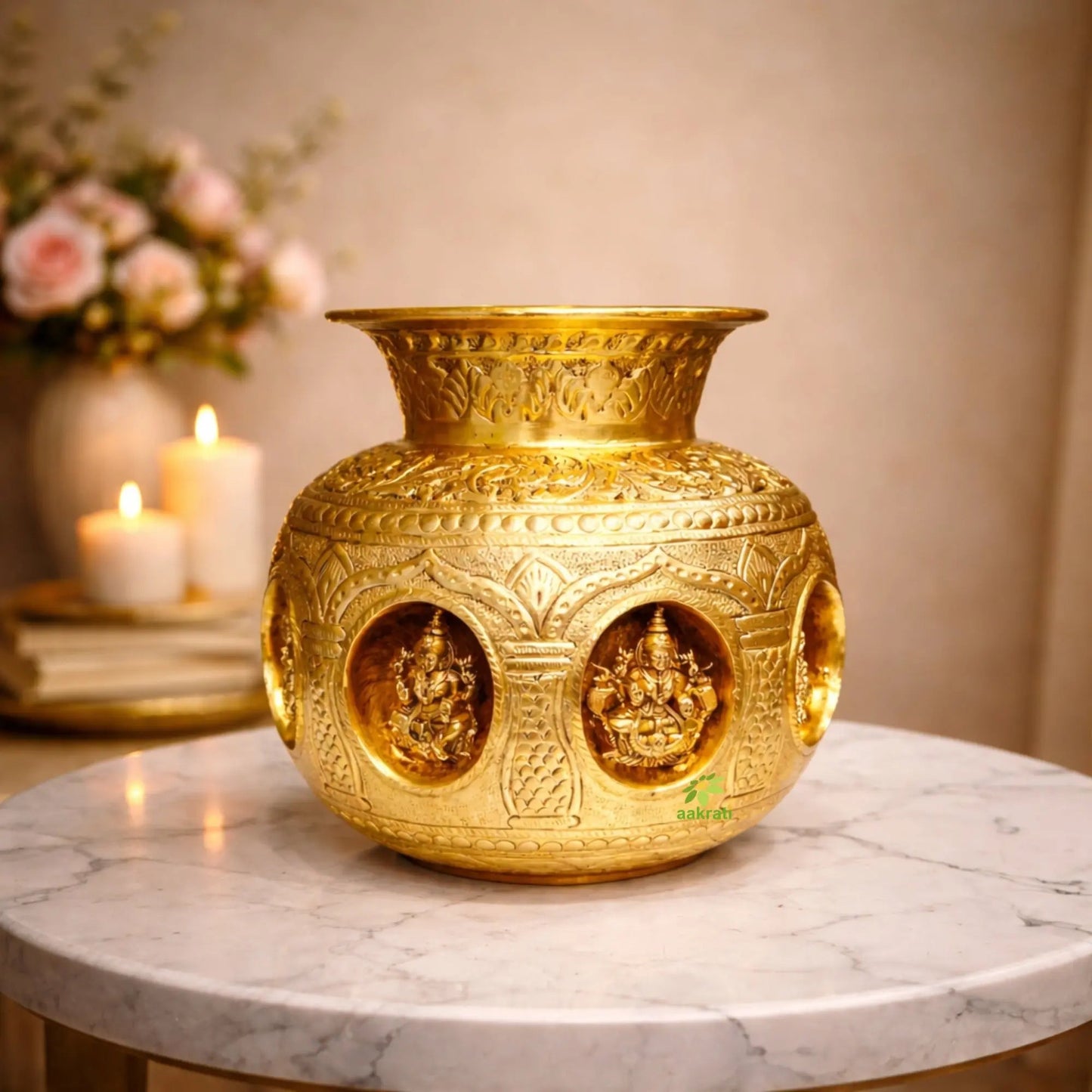 Brass Ashtalakshmi Kalash for Pooja | Engraved 8 Lakshmi Devi Puja Kalash | Brass Puja Essentials (Yellow, 8 Inches)