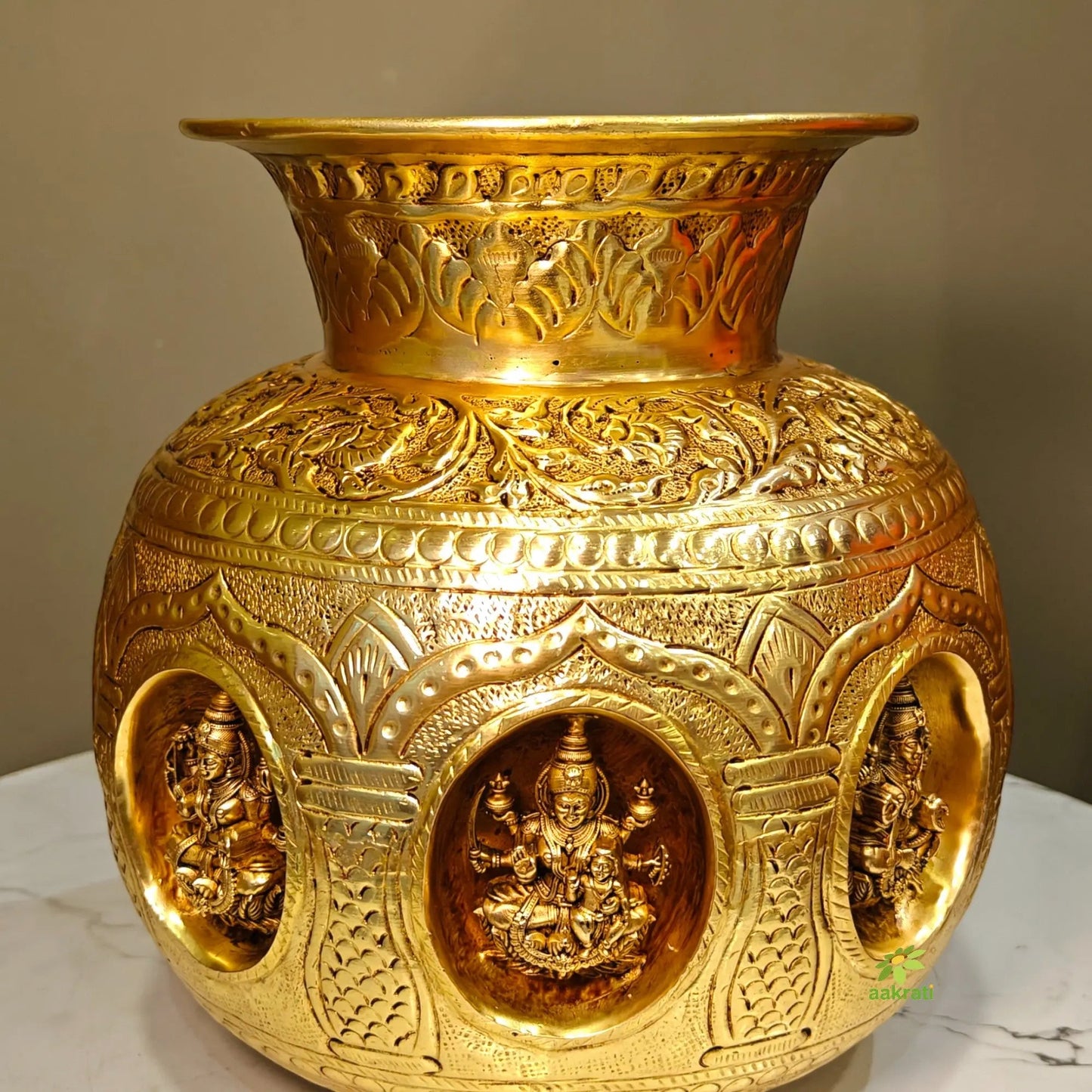 Brass Ashtalakshmi Kalash for Pooja | Engraved 8 Lakshmi Devi Puja Kalash | Brass Puja Essentials (Yellow, 8 Inches)