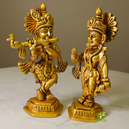 Brass Radha Krishna Idol Statue for Home Temple|Divine Couple Idol for Pooja Room, Temple & Festive Gifts (Yellow, 5 Inches)