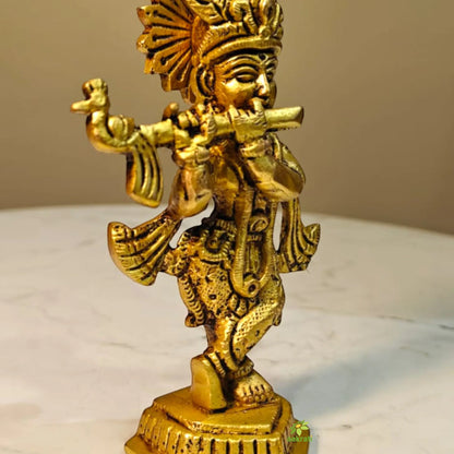 Brass Lord Krishna Idol for Home Temple| Flute Playing Krishna Idol for Pooja & Gifting  (Yellow,5 Inches)
