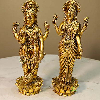 Lightweight Brass Vishnu Lakshmi Standing Idol | Standing Hindu God Idol for Pooja Room |Traditional Brass Vishnu Lakshmi Idol (Yellow, 6 Inches)