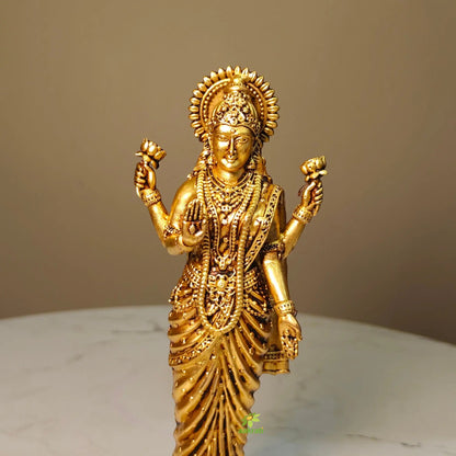 Lightweight Standing Goddess Idol for Mandir & Vastu Décor | Decorative Brass Goddess Lakshmi Standing Statue (Yellow, 6 Inches)