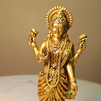 Lightweight Standing Goddess Idol for Mandir & Vastu Décor | Decorative Brass Goddess Lakshmi Standing Statue (Yellow, 6 Inches)