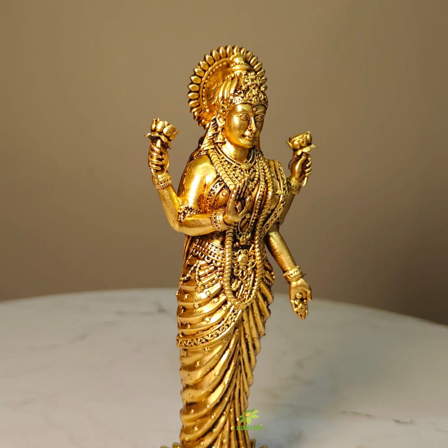 Lightweight Standing Goddess Idol for Mandir & Vastu Décor | Decorative Brass Goddess Lakshmi Standing Statue (Yellow, 6 Inches)