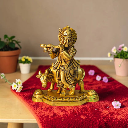 Decorative Brass Lord Krishna Cow Murti | Handcrafted Temple Idol for Home Décor | Antique Style Hindu God Murti for Pooja Room (Yellow, 4.4 Inches)