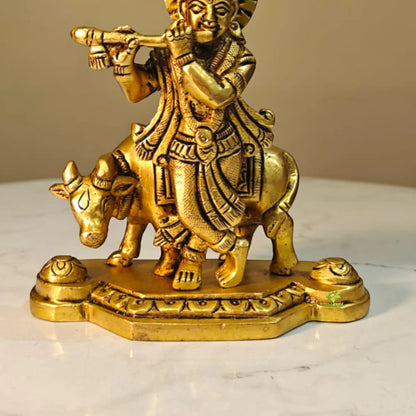 Decorative Brass Lord Krishna Cow Murti | Handcrafted Temple Idol for Home Décor | Antique Style Hindu God Murti for Pooja Room (Yellow, 4.4 Inches)
