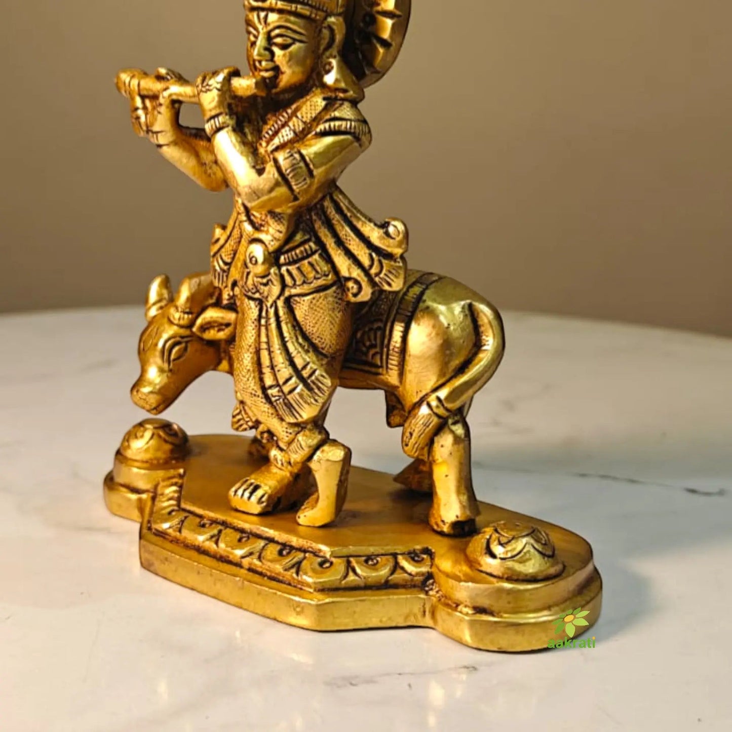 Decorative Brass Lord Krishna Cow Murti | Handcrafted Temple Idol for Home Décor | Antique Style Hindu God Murti for Pooja Room (Yellow, 4.4 Inches)