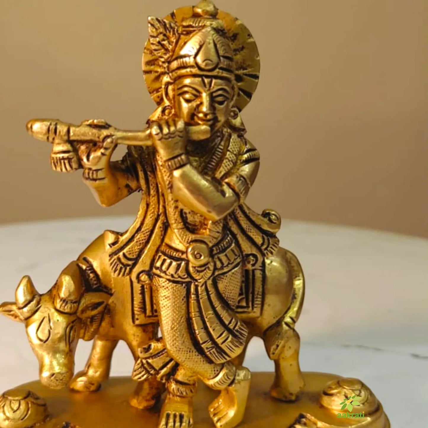 Decorative Brass Lord Krishna Cow Murti | Handcrafted Temple Idol for Home Décor | Antique Style Hindu God Murti for Pooja Room (Yellow, 4.4 Inches)