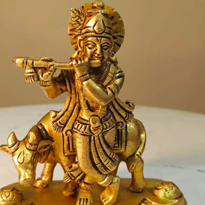 Decorative Brass Lord Krishna Cow Murti | Handcrafted Temple Idol for Home Décor | Antique Style Hindu God Murti for Pooja Room (Yellow, 4.4 Inches)