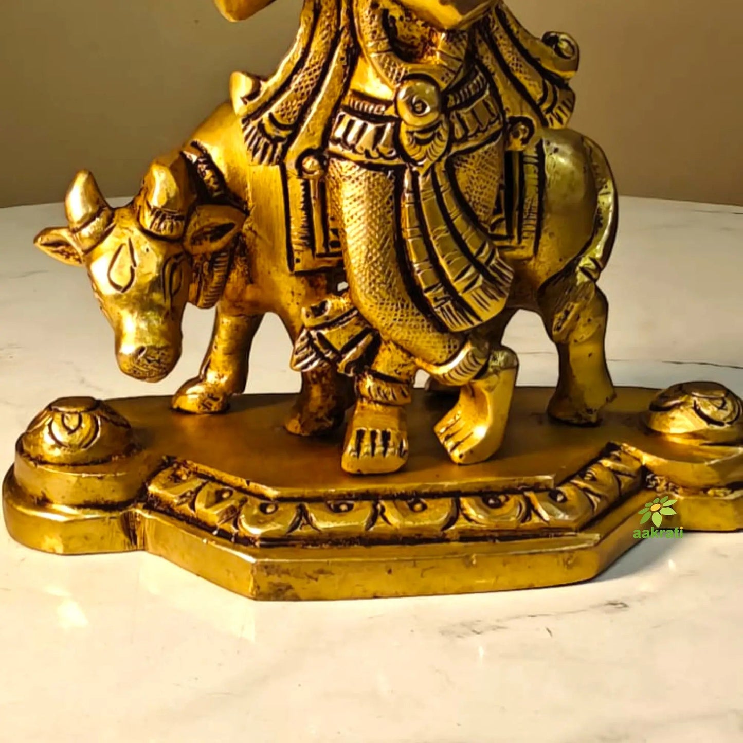 Decorative Brass Lord Krishna Cow Murti | Handcrafted Temple Idol for Home Décor | Antique Style Hindu God Murti for Pooja Room (Yellow, 4.4 Inches)