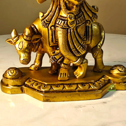 Decorative Brass Lord Krishna Cow Murti | Handcrafted Temple Idol for Home Décor | Antique Style Hindu God Murti for Pooja Room (Yellow, 4.4 Inches)