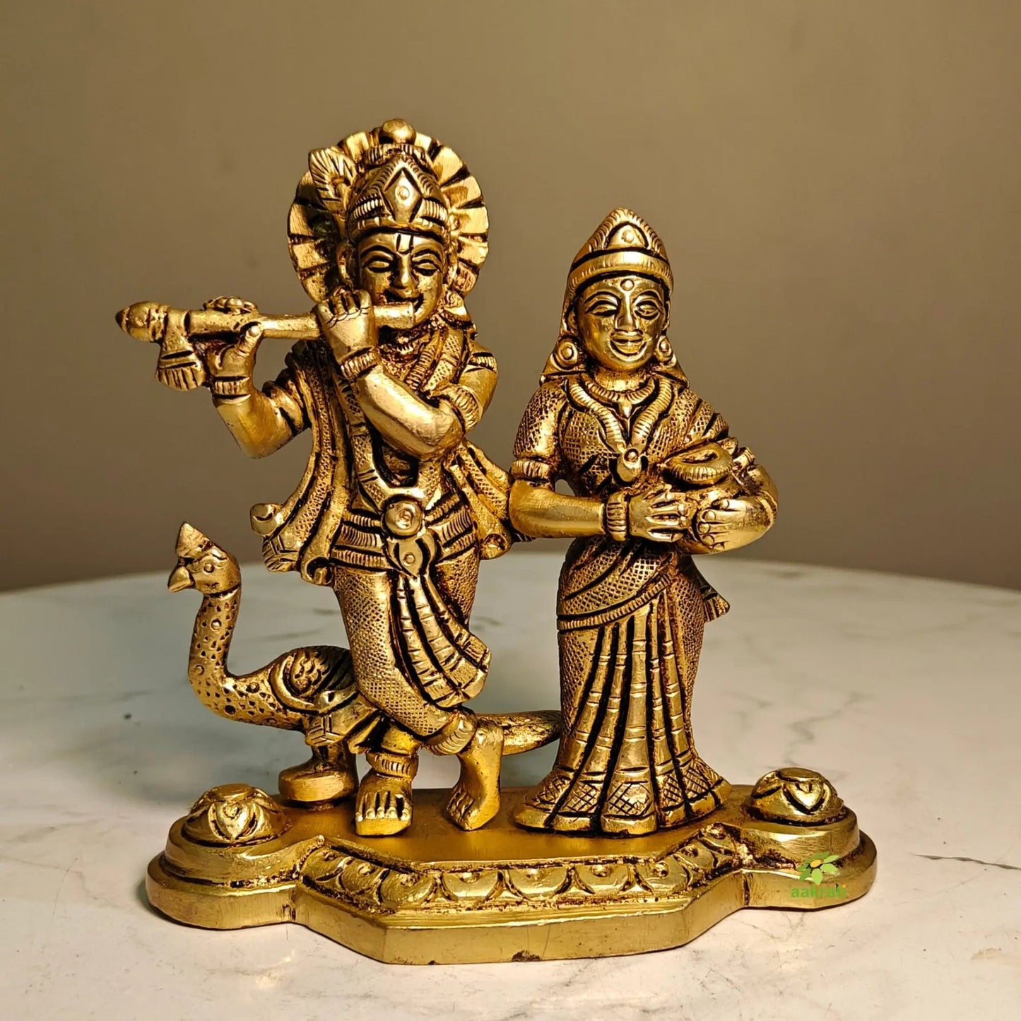 Brass Radha Krishna with Peacock Idol | Hindu God Statue for Home Temple & Pooja Décor| Elegant Brass Radha Krishna (Yellow, 4.2 Inches)