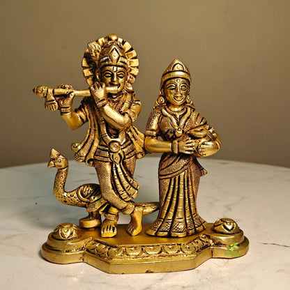 Brass Radha Krishna with Peacock Idol | Hindu God Statue for Home Temple & Pooja Décor| Elegant Brass Radha Krishna (Yellow, 4.2 Inches)