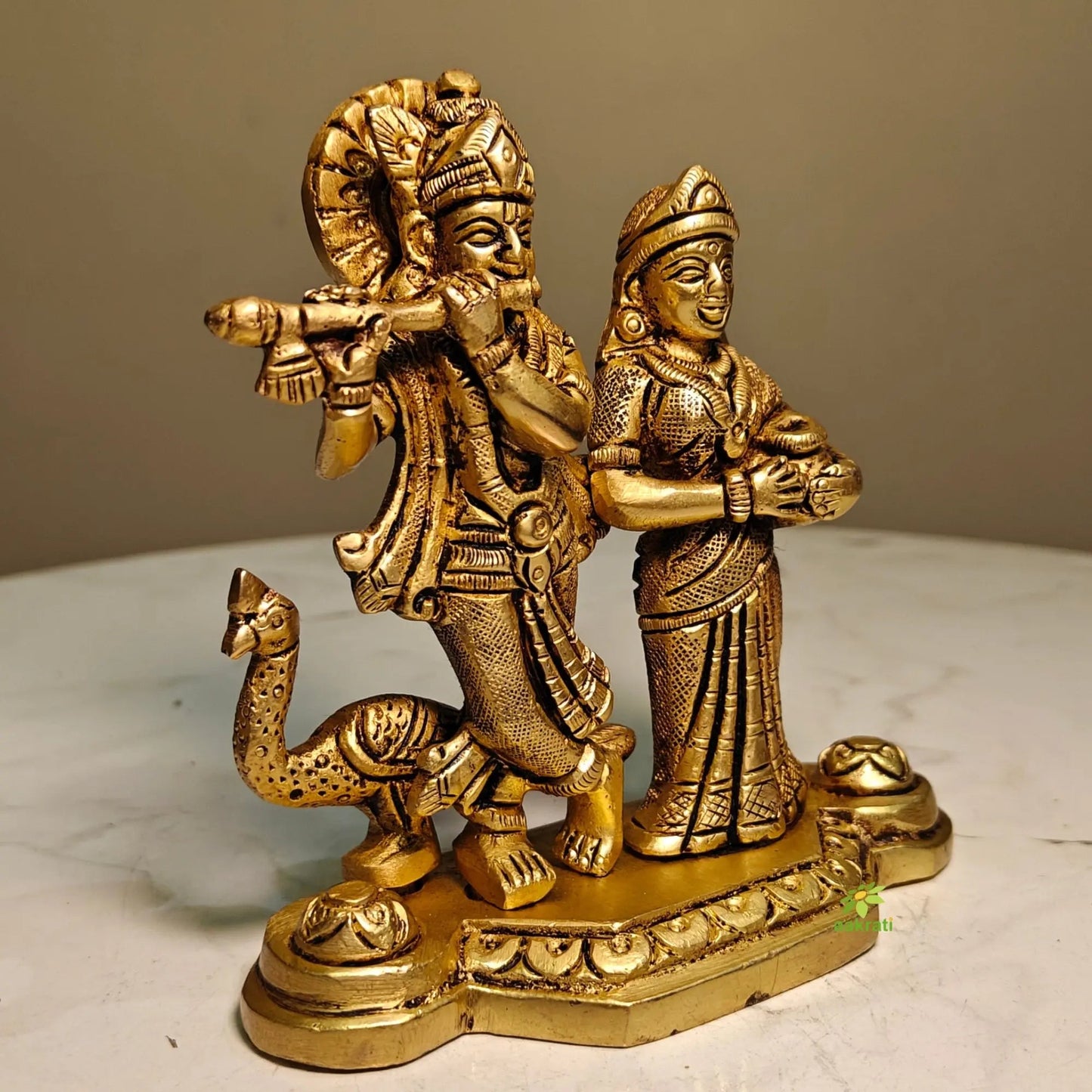 Brass Radha Krishna with Peacock Idol | Hindu God Statue for Home Temple & Pooja Décor| Elegant Brass Radha Krishna (Yellow, 4.2 Inches)