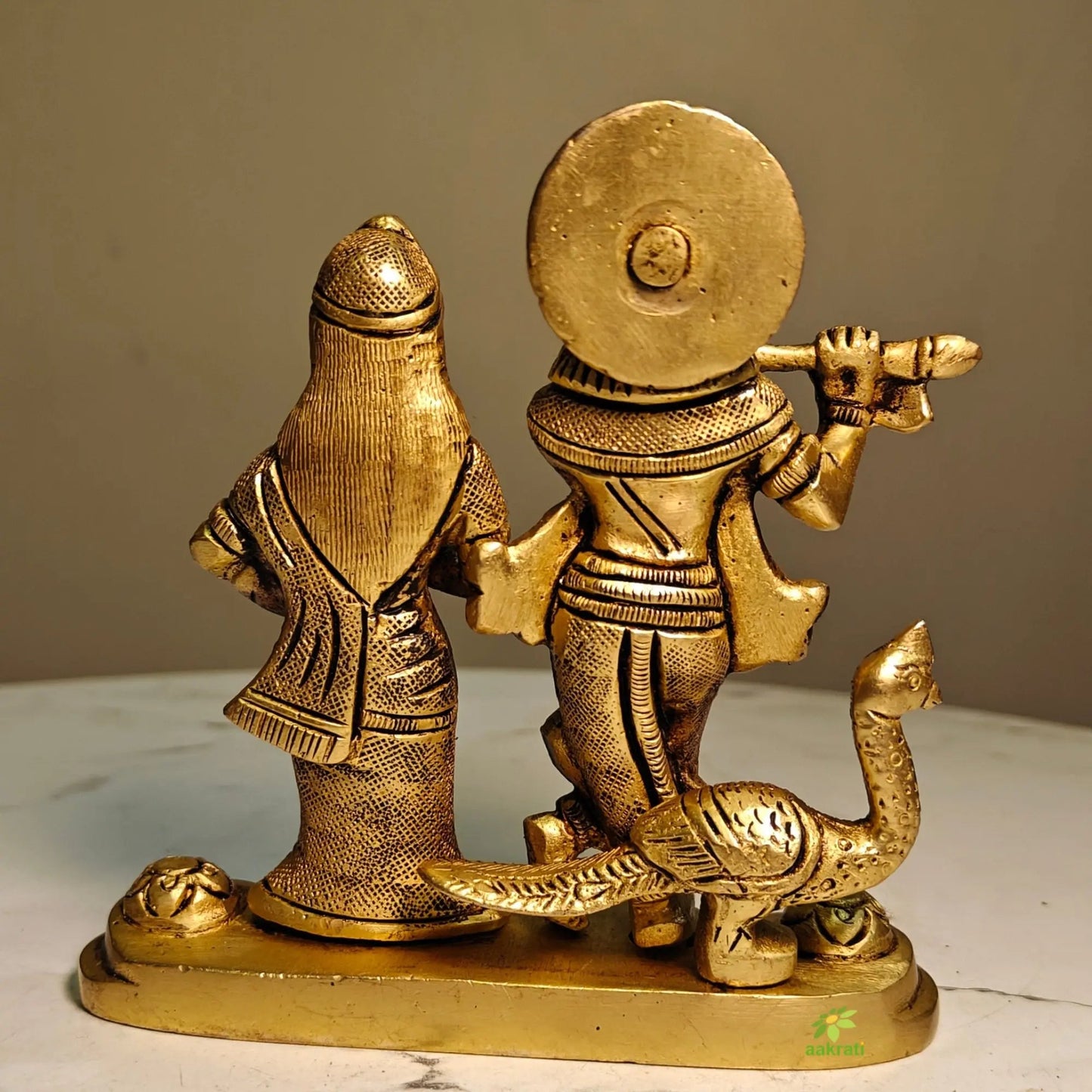 Brass Radha Krishna with Peacock Idol | Hindu God Statue for Home Temple & Pooja Décor| Elegant Brass Radha Krishna (Yellow, 4.2 Inches)