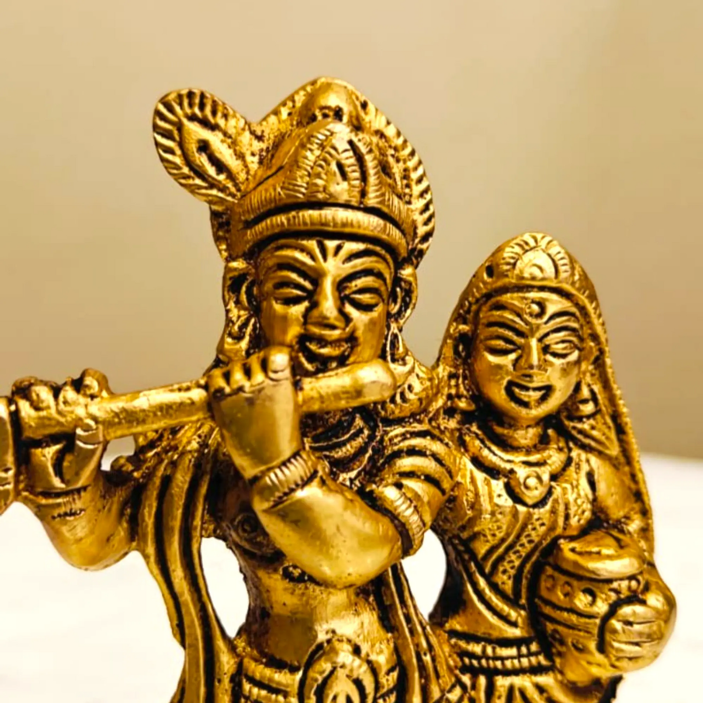 Premium Brass Radha Krishna Murti | Handcrafted Divine Couple Idol for Mandir | Traditional Hindu God Murti for Home Mandir  (Yellow, 4.8 Inches)