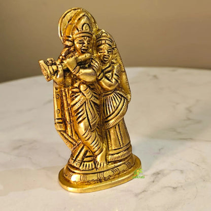 Premium Brass Radha Krishna Murti | Handcrafted Divine Couple Idol for Mandir | Traditional Hindu God Murti for Home Mandir (Yellow, 3.5 Inches)
