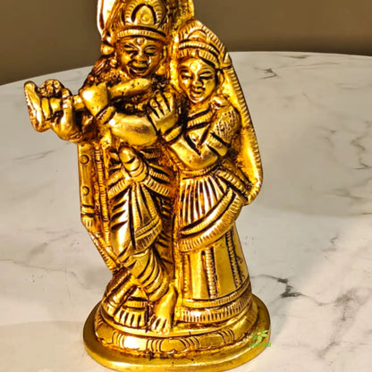 Premium Brass Radha Krishna Murti | Handcrafted Divine Couple Idol for Mandir | Traditional Hindu God Murti for Home Mandir (Yellow, 3.5 Inches)