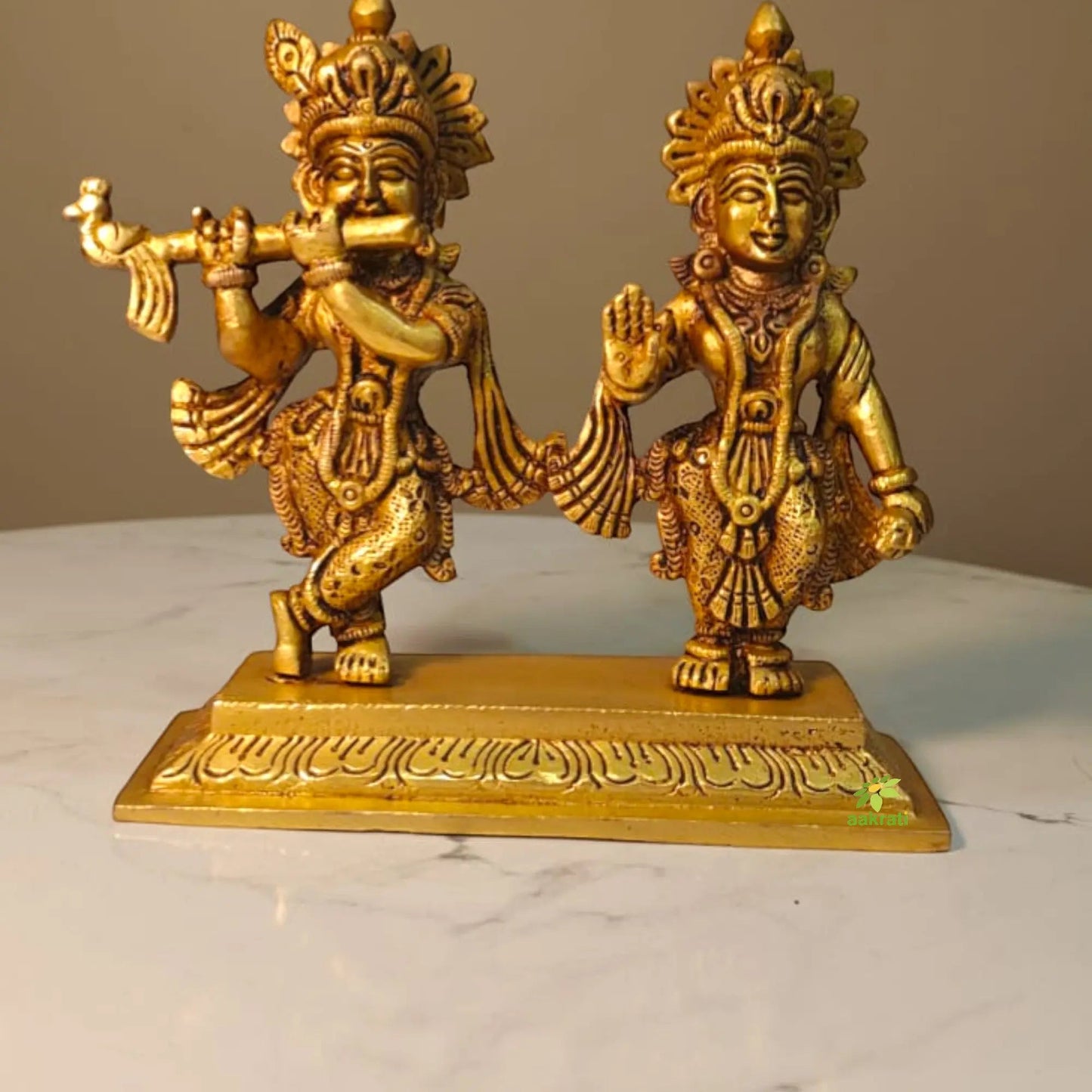 Designer Brass Radha Krishna Murti | Antique Style Temple Idol for Home Décor | Handcrafted Divine Couple Idol for Mandir (Yellow, 5 Inches)