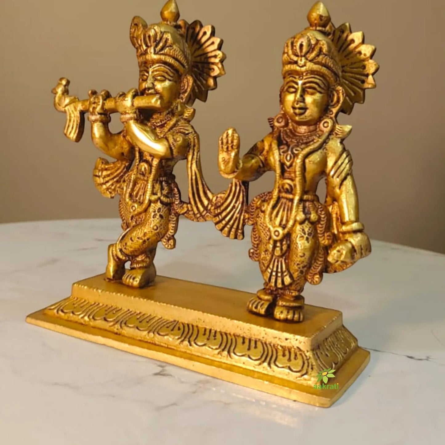 Designer Brass Radha Krishna Murti | Antique Style Temple Idol for Home Décor | Handcrafted Divine Couple Idol for Mandir (Yellow, 5 Inches)