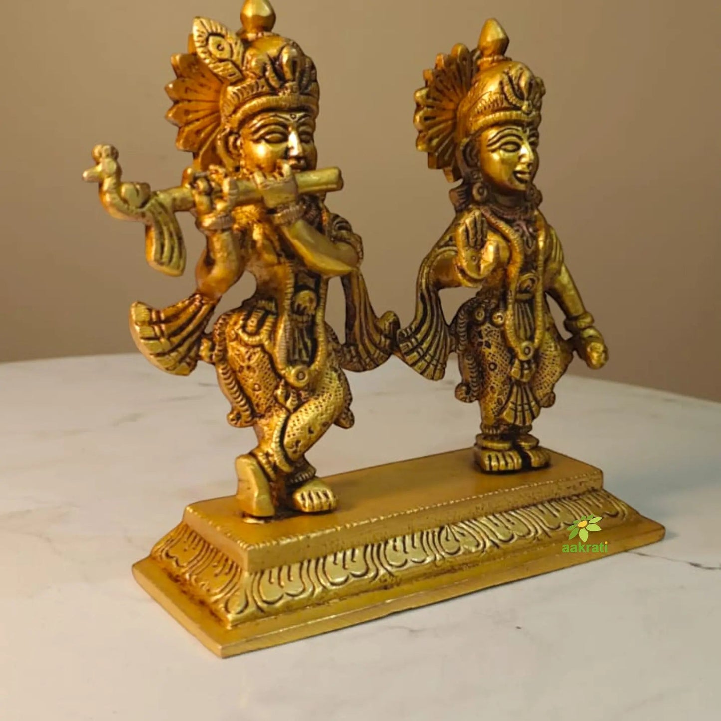Designer Brass Radha Krishna Murti | Antique Style Temple Idol for Home Décor | Handcrafted Divine Couple Idol for Mandir (Yellow, 5 Inches)