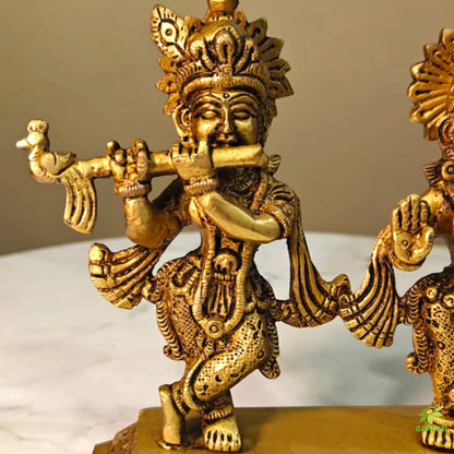 Designer Brass Radha Krishna Murti | Antique Style Temple Idol for Home Décor | Handcrafted Divine Couple Idol for Mandir (Yellow, 5 Inches)