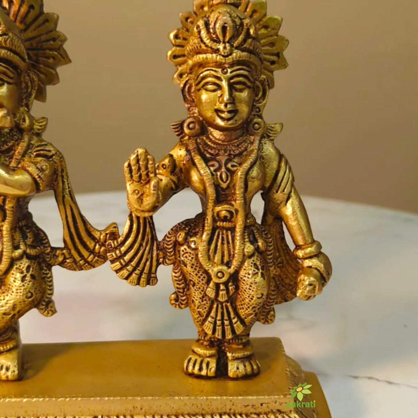 Designer Brass Radha Krishna Murti | Antique Style Temple Idol for Home Décor | Handcrafted Divine Couple Idol for Mandir (Yellow, 5 Inches)