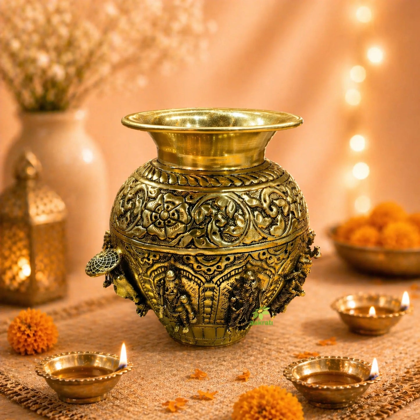 Brass Dashavatar Kalash | Brass Dashavatar Puja Kalash | Traditional Hindu Puja Vessel (Yellow, 6 Inches)