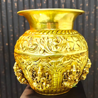 Brass Ashtalakshmi Kalash for Pooja | Engraved 8 Lakshmi Devi Puja Kalash | Brass Puja Items (Yellow, 4.5 Inches)