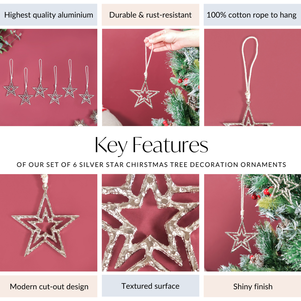 Set Of 6 Silver Star Christmas Tree Decoration Ornaments Nestasia