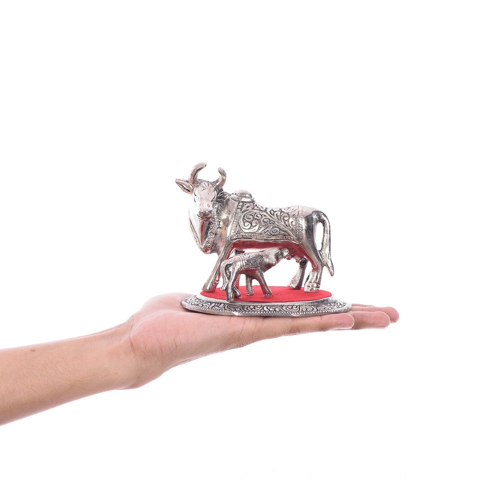 Silver White Metal Kamdhenu cow and calf statue Kafalo