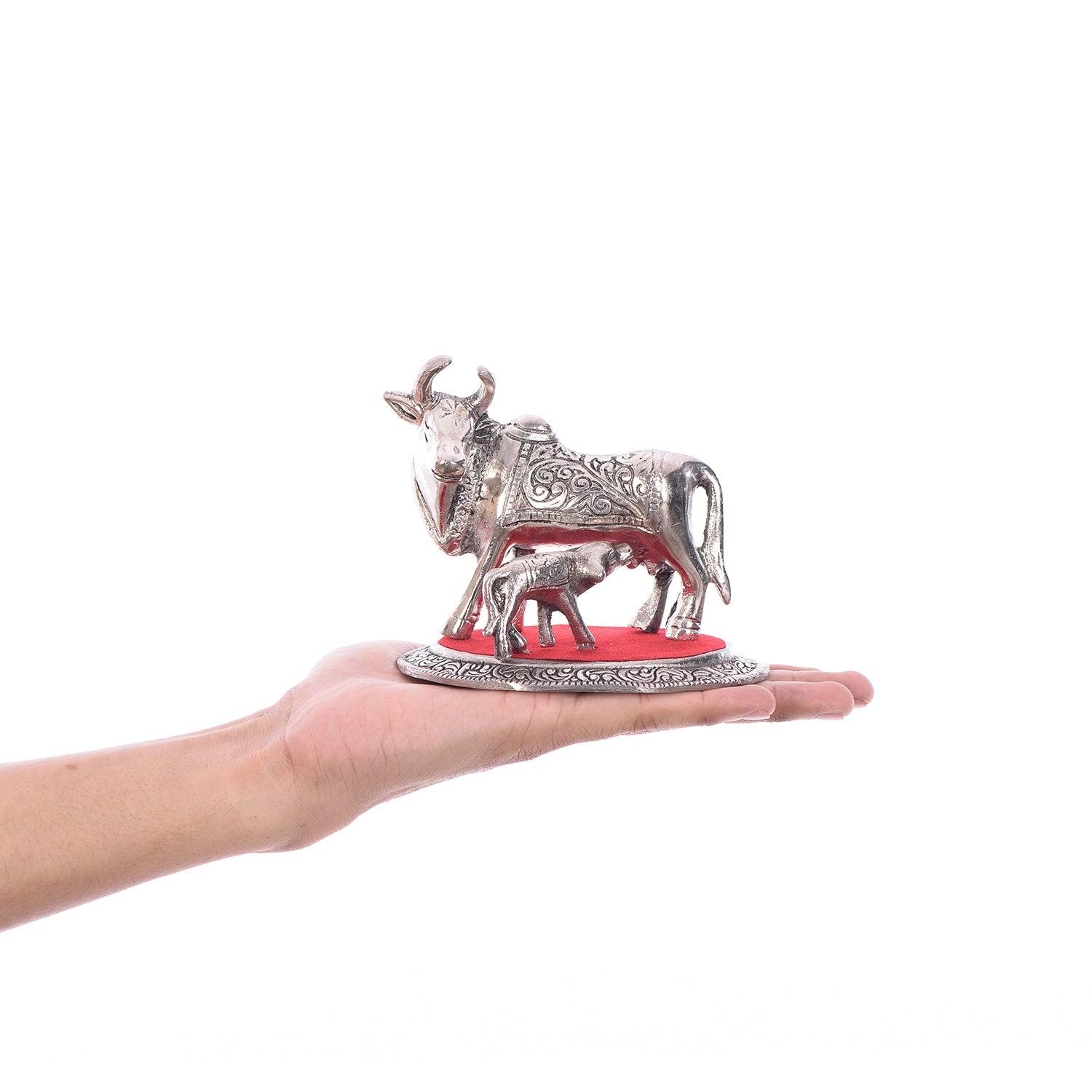 Silver White Metal Kamdhenu cow and calf statue Kafalo
