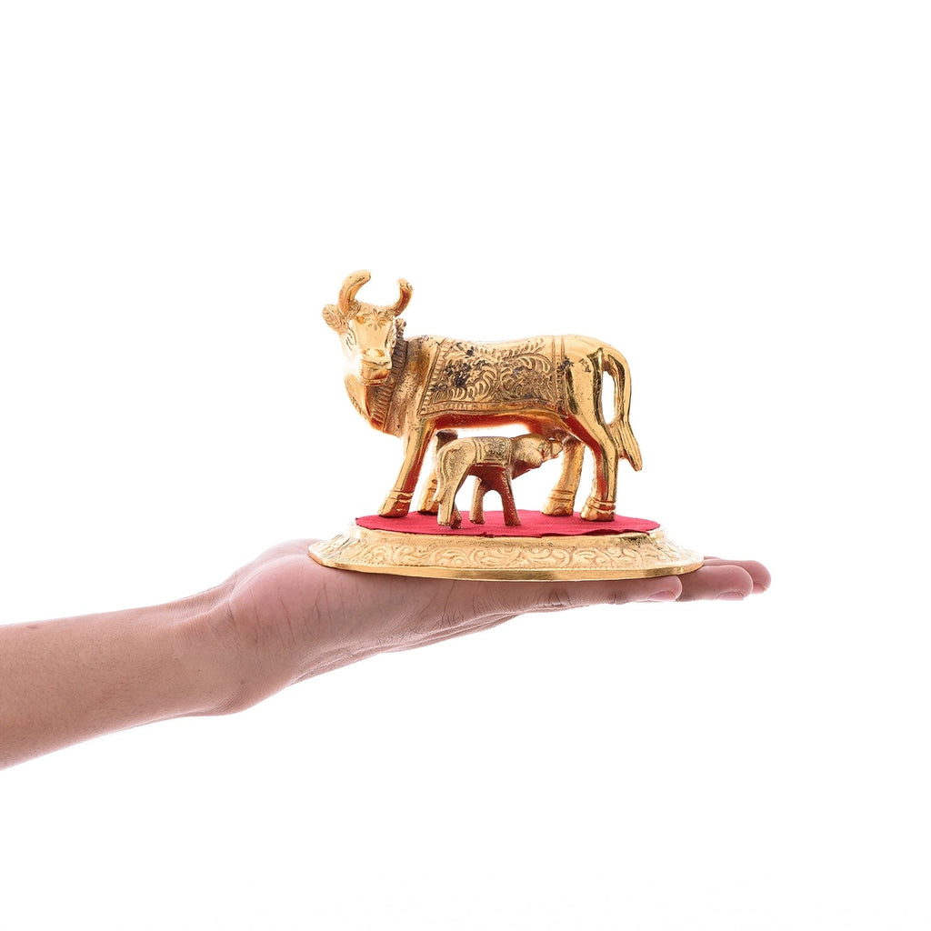 Golden Metal Kamadhenu Cow With Calf Statue Animal Figurines Kafalo