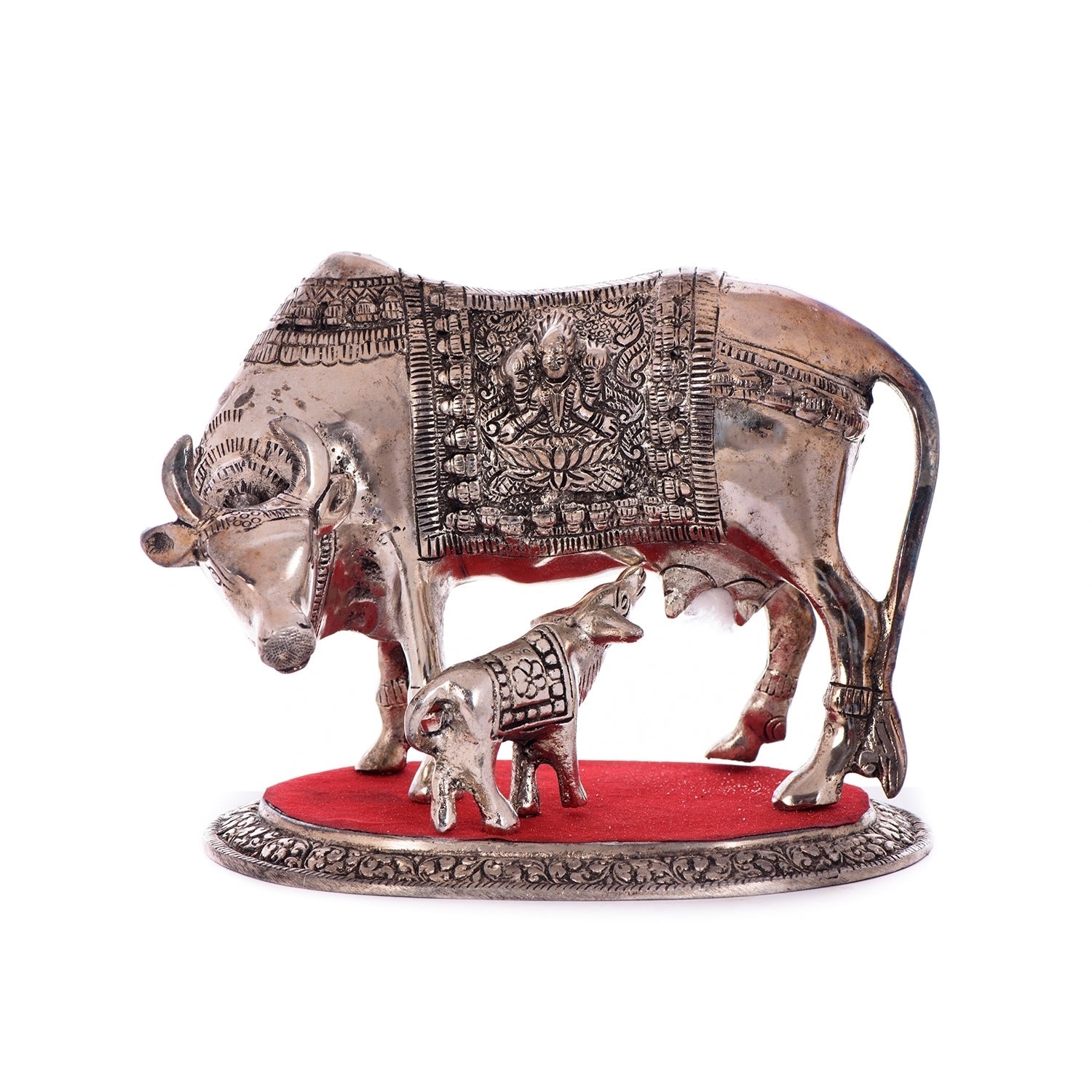White Metal Decorative Kamadhenu Cow With Calf Statue Animal Figurines Kafalo