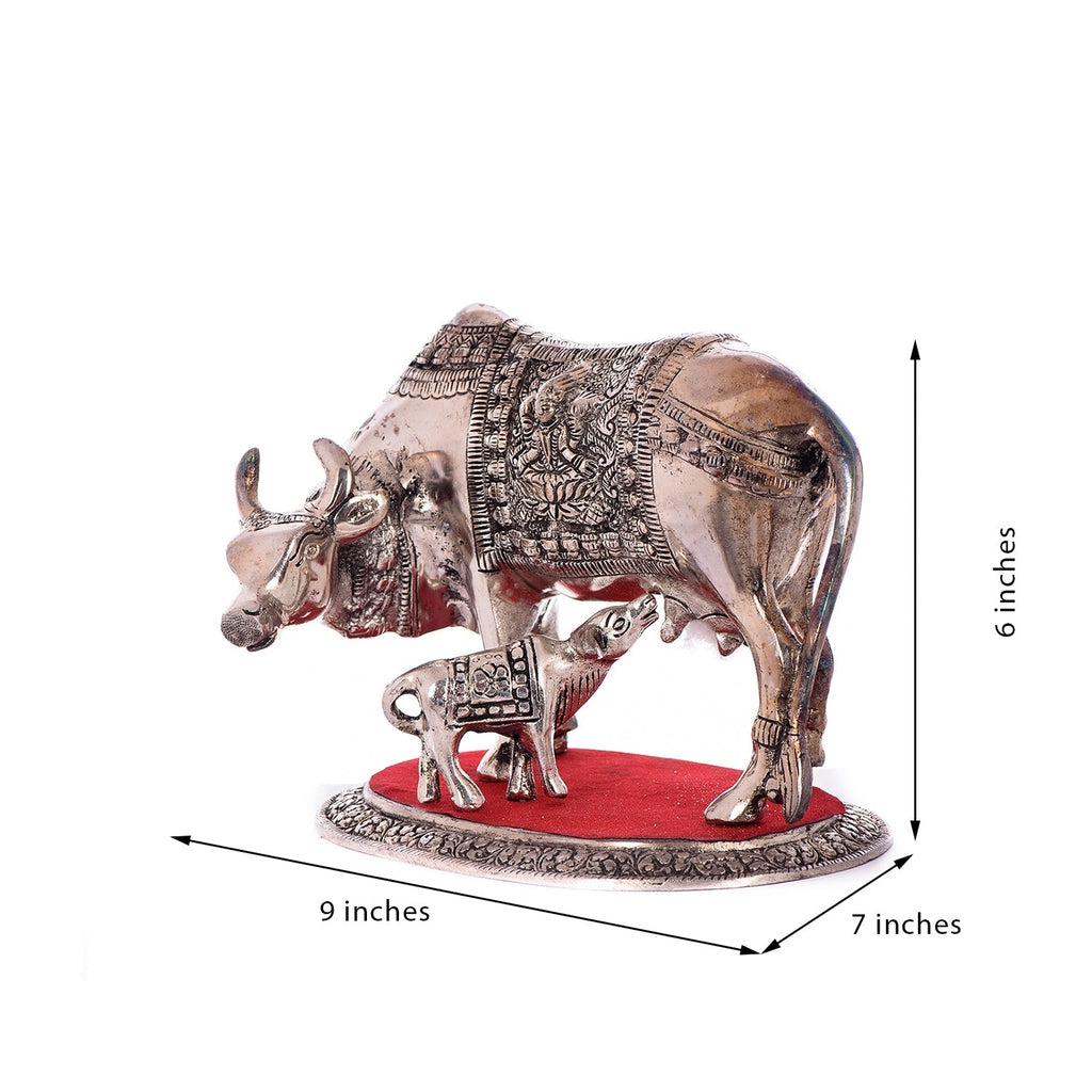 White Metal Decorative Kamadhenu Cow With Calf Statue Animal Figurines Kafalo