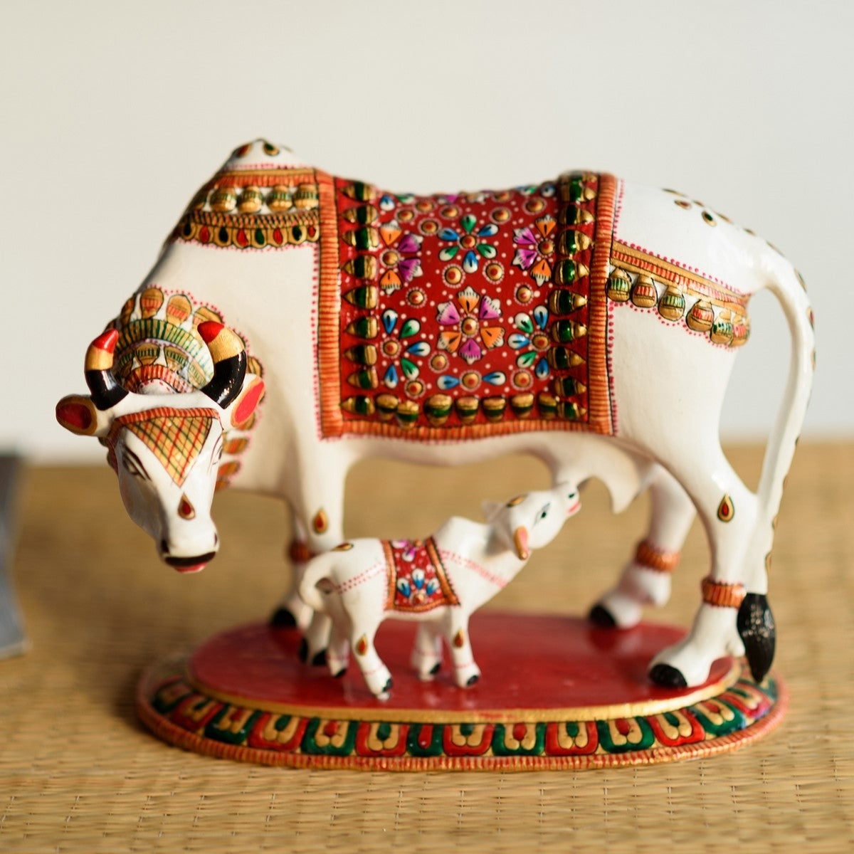 Meenakari Metal Colorful Cow And Calf statue (White, Red and Green) Kafalo