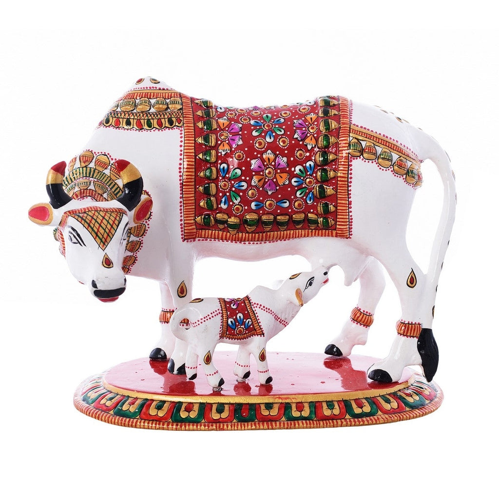 Meenakari Metal Colorful Cow And Calf statue (White, Red and Green) Kafalo